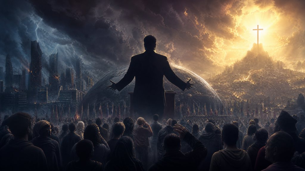 Ilustração bíblica sobre o Anticristo diante de uma cruz, representando o conflito espiritual e a vitória de Cristo