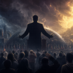 Ilustração bíblica sobre o Anticristo diante de uma cruz, representando o conflito espiritual e a vitória de Cristo